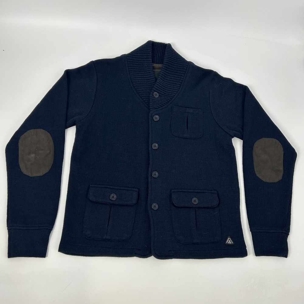 AMERICAN STITCH Sweater Mens XL Blue Button Down Elbow Patches Pockets